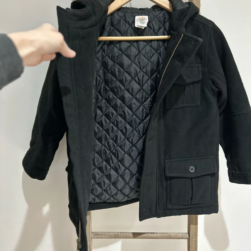 Gymboree Boys Black Car Hooded Coat Button Up Zip Up Pockets Winter Size M 7-8